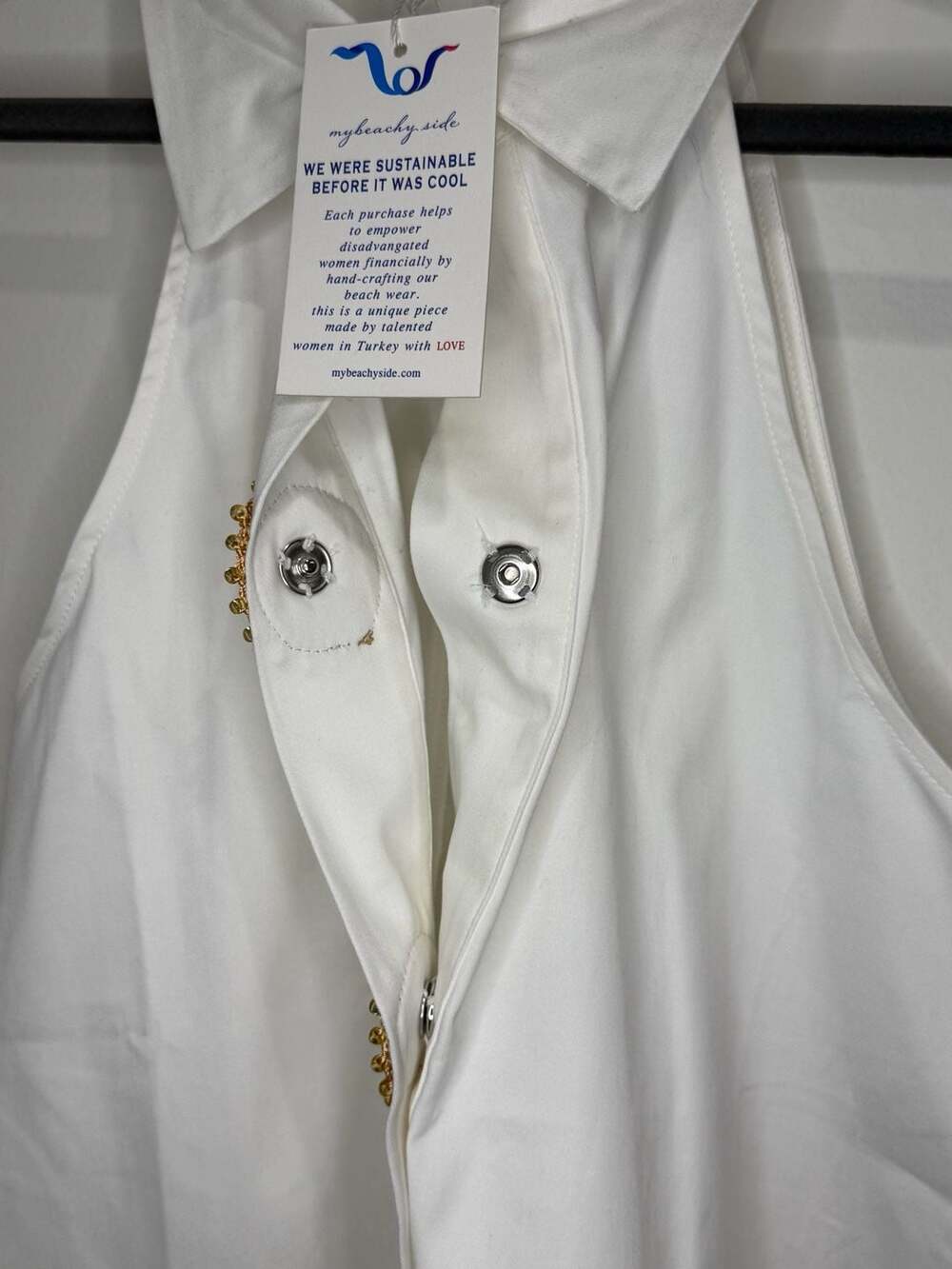 My Beachy Side White Halter Mini Dress with Crochet Buttons Size S - Picture 6 of 11